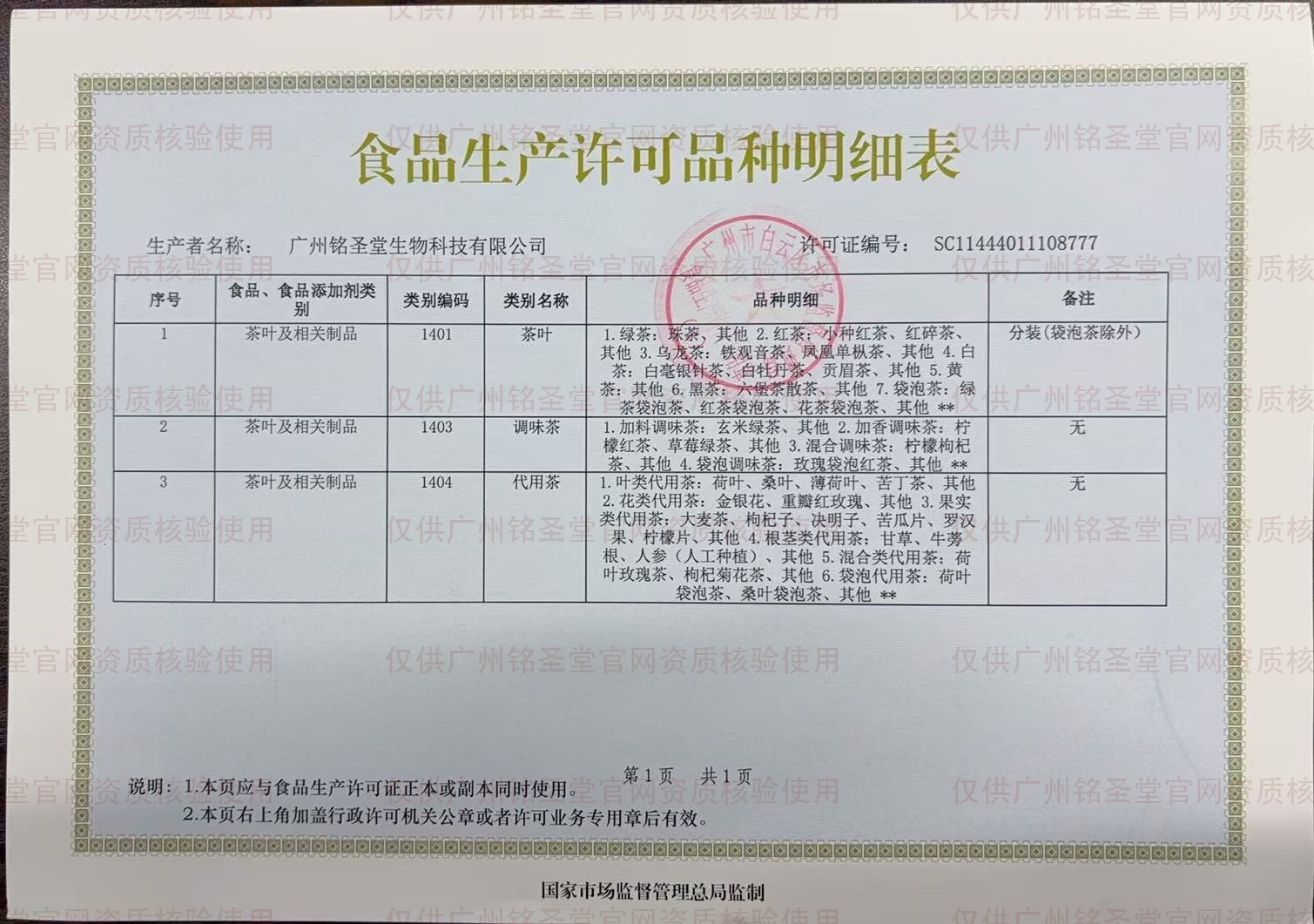 广州铭圣堂食品生产许可品种明细